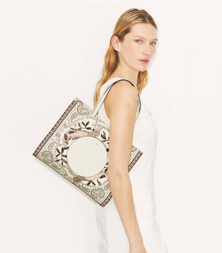 Tory Burch diseñador bolsos tote Tote estampado pequeño Ella en Pink Cockatoo accesorio en modelo