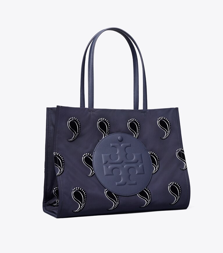 Tory Burch diseñador bolsos tote Tote estampado pequeño Ella en Medium Navy Pajama Print ángulo
