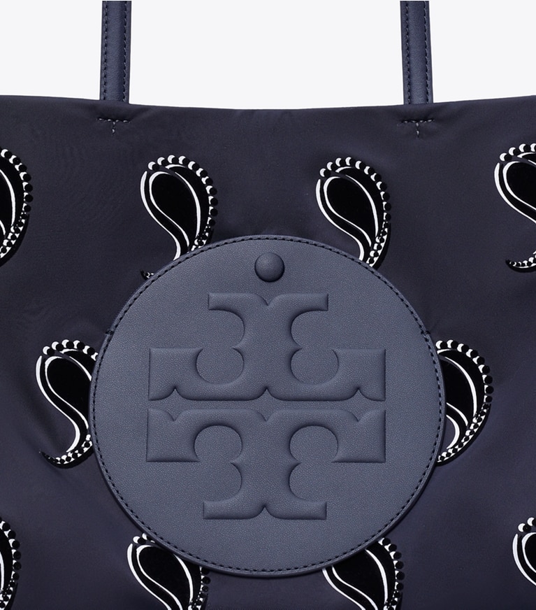 Tory Burch diseñador bolsos tote Tote estampado pequeño Ella en Medium Navy Pajama Print detalle