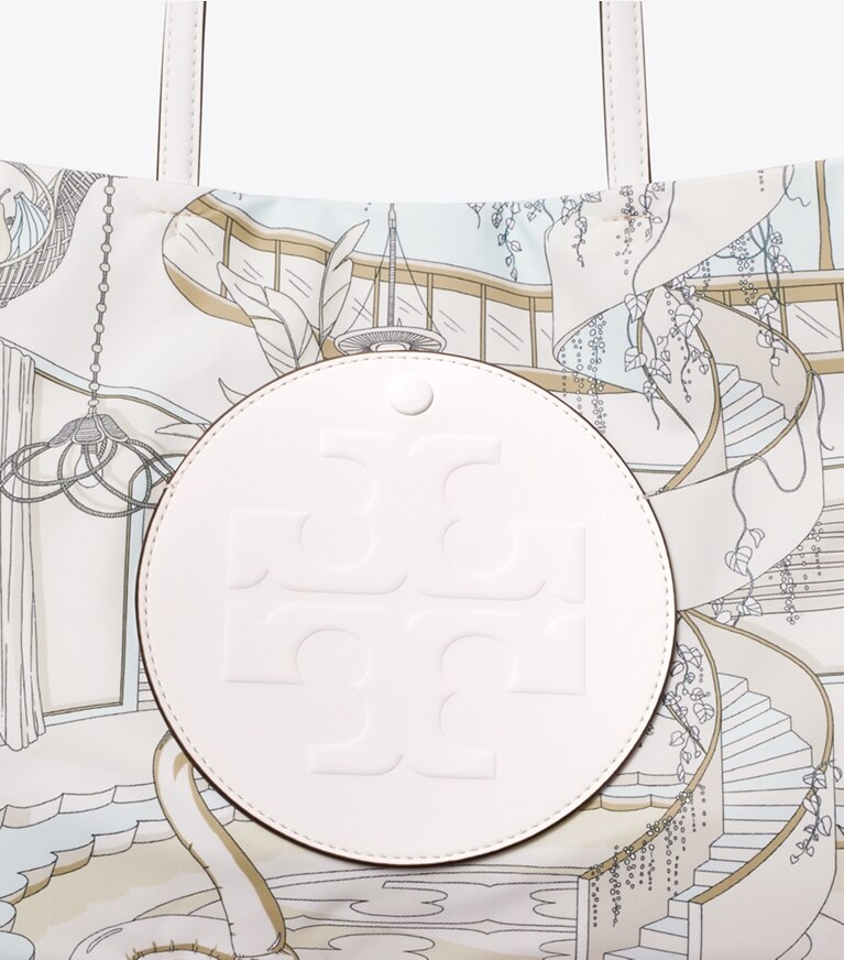 Tory Burch diseñador bolsos tote Tote estampado pequeño Ella en The Pool Beige detalle