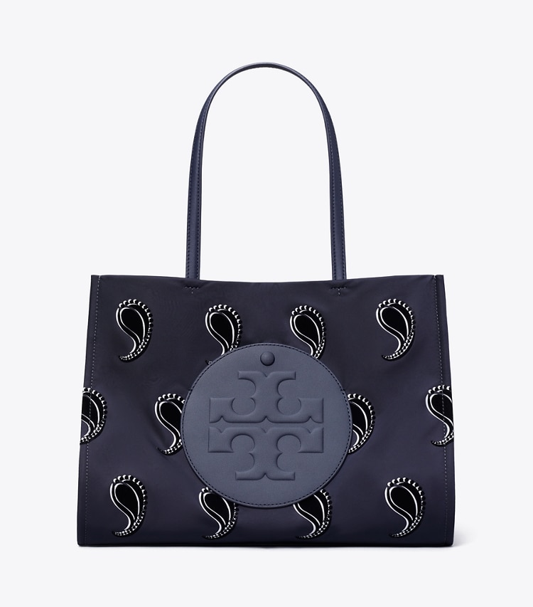Tory Burch diseñador bolsos tote Tote estampado pequeño Ella en Medium Navy Pajama Print frente