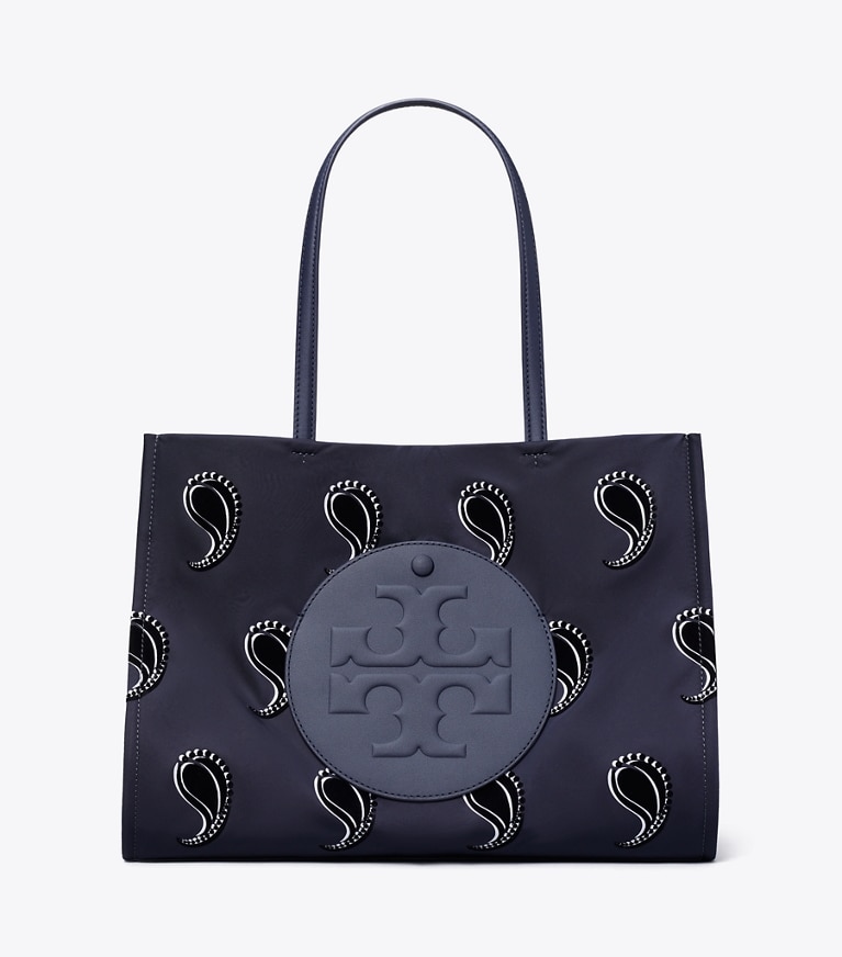 Tory Burch diseñador bolsos tote Tote estampado pequeño Ella en Medium Navy Pajama Print frente