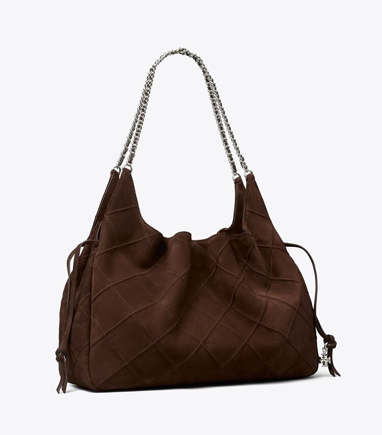 Tory Burch diseñador bolsos tote Tote grande de gamuza Fleming en Dark Cocoa ángulo
