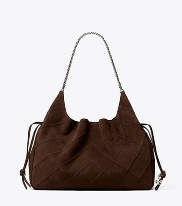 Tory Burch diseñador bolsos tote Tote grande de gamuza Fleming en Dark Cocoa frente