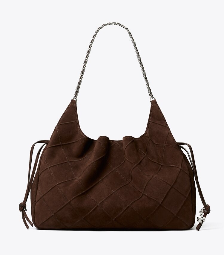 Tory Burch diseñador bolsos tote Tote grande de gamuza Fleming en Dark Cocoa frente
