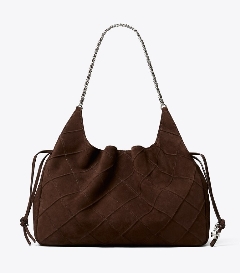 Tory Burch diseñador bolsos tote Tote grande de gamuza Fleming en Dark Cocoa frente