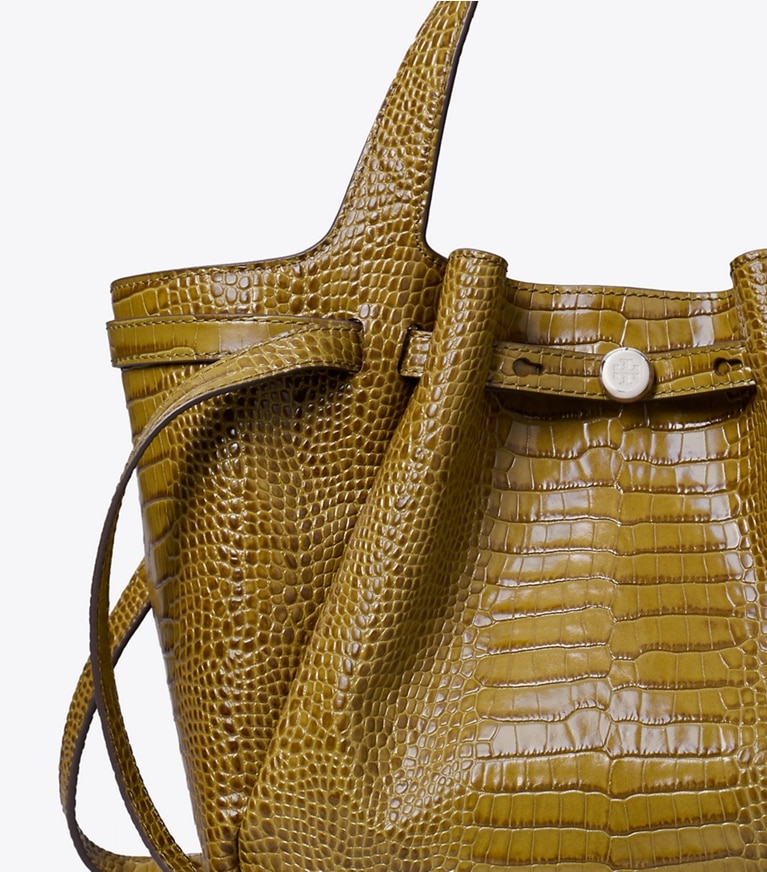 Tory Burch diseñador bolsos tote Tote pequeña con grabado de cocodrilo Romy en Shroom detalle