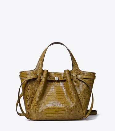 Tory Burch diseñador bolsos tote Tote pequeña con grabado de cocodrilo Romy en Shroom frente