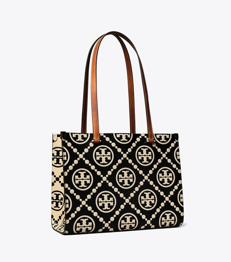 Tory Burch diseñador bolsos tote Tote pequeña con relieve en contraste con monograma T en Black/White ángulo