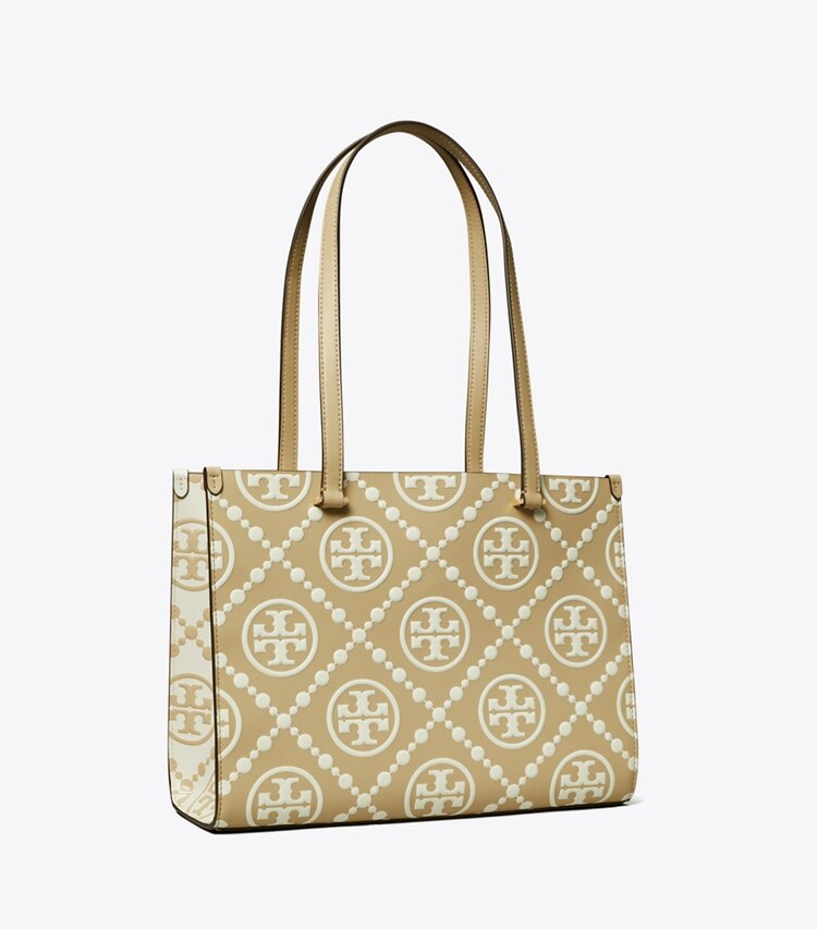 Tory Burch diseñador bolsos tote Tote pequeña con relieve en contraste con monograma T en Beige ángulo