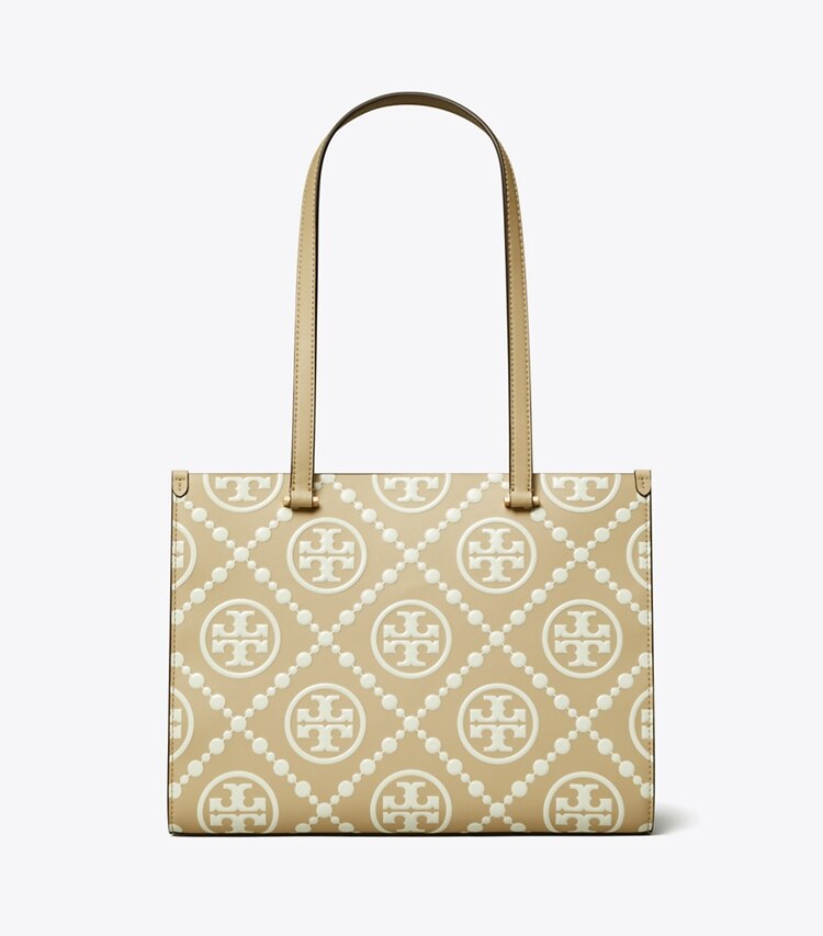 Tory Burch diseñador bolsos tote Tote pequeña con relieve en contraste con monograma T en Beige frente