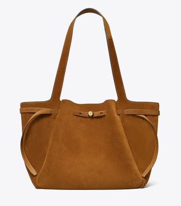 Tory Burch diseñador bolsos tote Tote Romy de ante en Caramel frontal