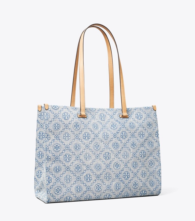 Tory Burch diseñador bolsos tote Tote vaquero con monograma de T en Powder Blue ángulo