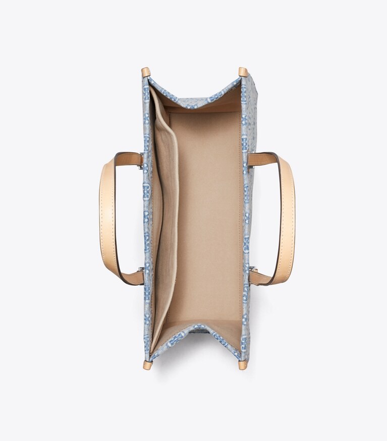 Tory Burch diseñador bolsos tote Tote vaquero con monograma de T en Powder Blue desde arriba