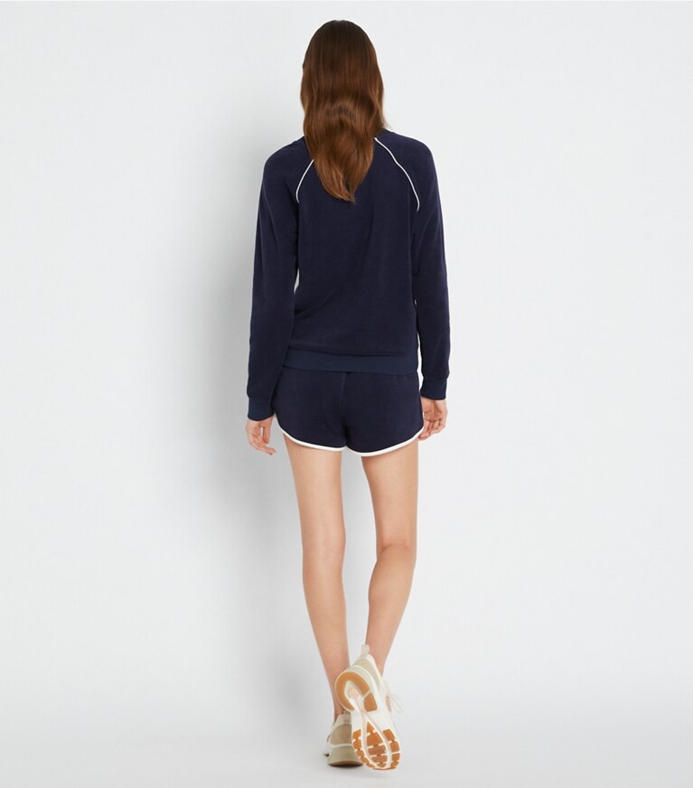 Tory Sport designer sweaters Towel Terry Crewneck in Tory Navy on model back
