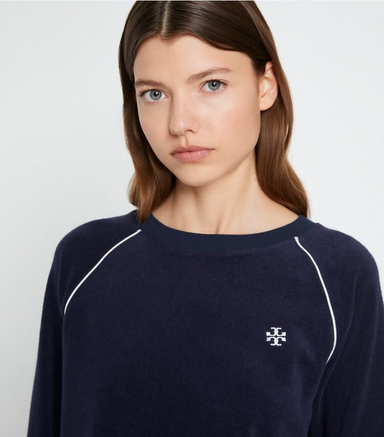 Tory Sport designer sweaters Towel Terry Crewneck in Tory Navy on model detail