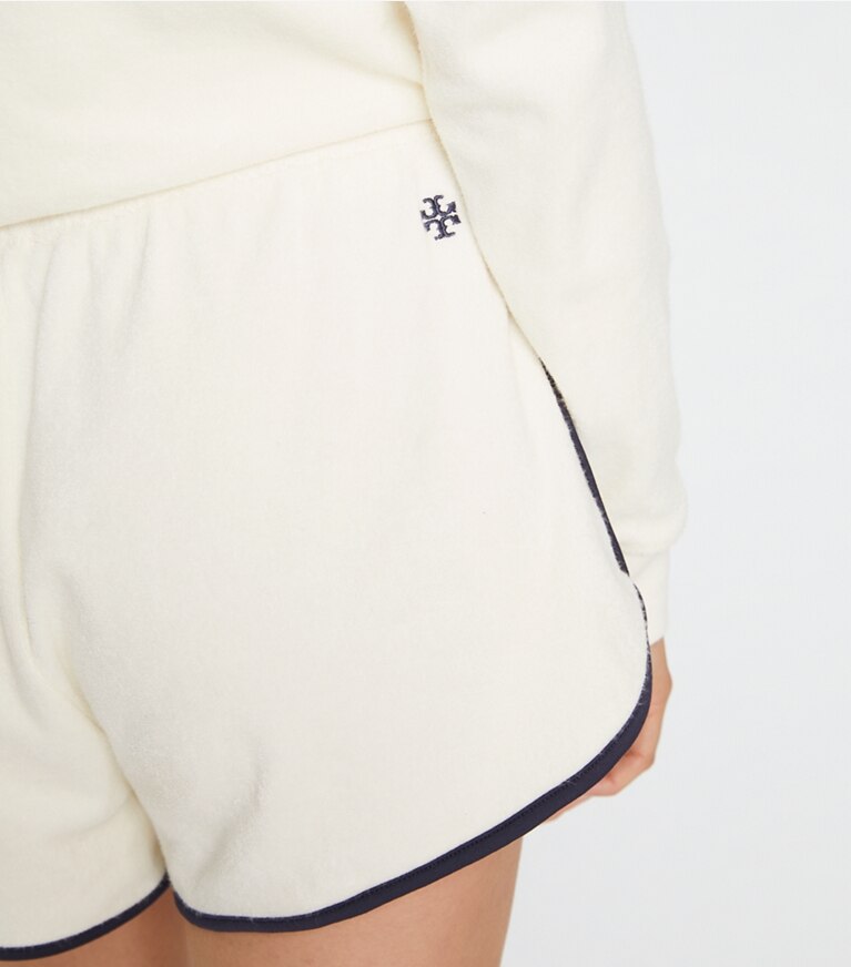 Tory Sport designer bottoms Towel Terry Short in Ivory Pearl front