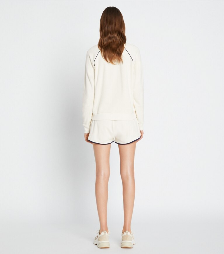 Tory Sport designer bottoms Towel Terry Short in Ivory Pearl front