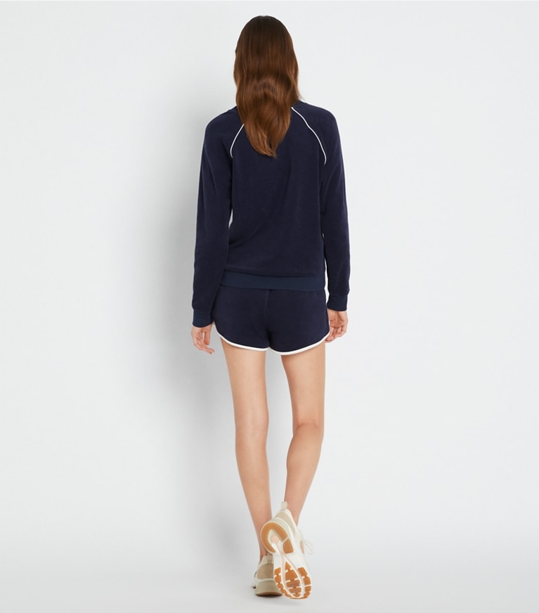Tory Sport designer bottoms Towel Terry Short in Tory Navy front