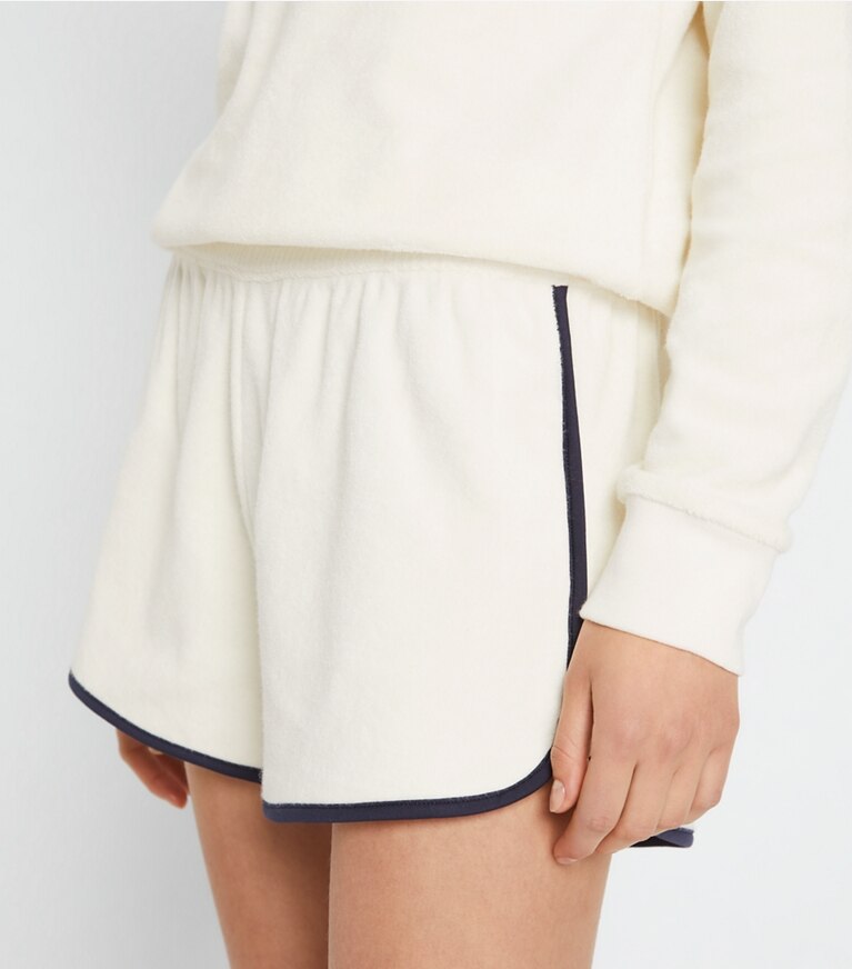 Tory Sport designer bottoms Towel Terry Short in Ivory Pearl front