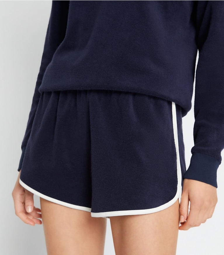 Tory Sport designer bottoms Towel Terry Short in Tory Navy front