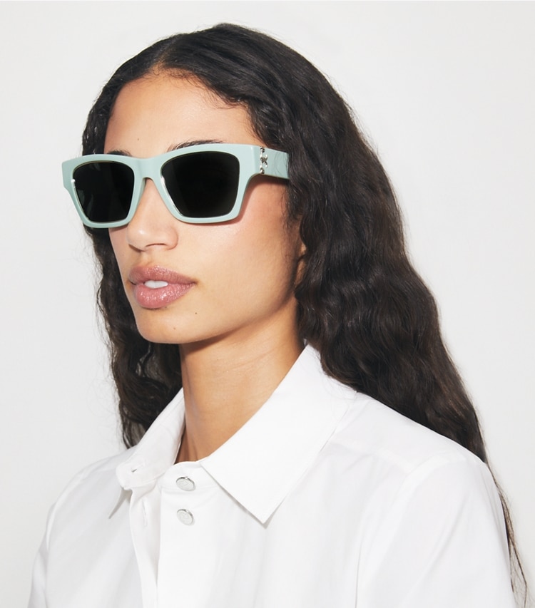 Tory Burch designer sunglasses & eyewear Trace Sunglasses in PERFECT MINT/SOLID GREEN accessory on model