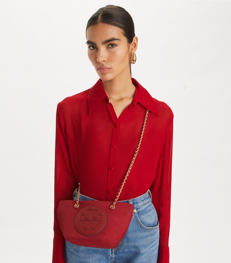 Tory Burch designer borse a spalla Tracolla piccola Ella con catena in Bartlett Red angle