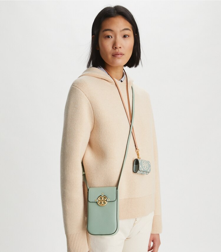 Tory Burch designer mini bags Tracolla porta telefono Miller in Blue Celadon accessory on model