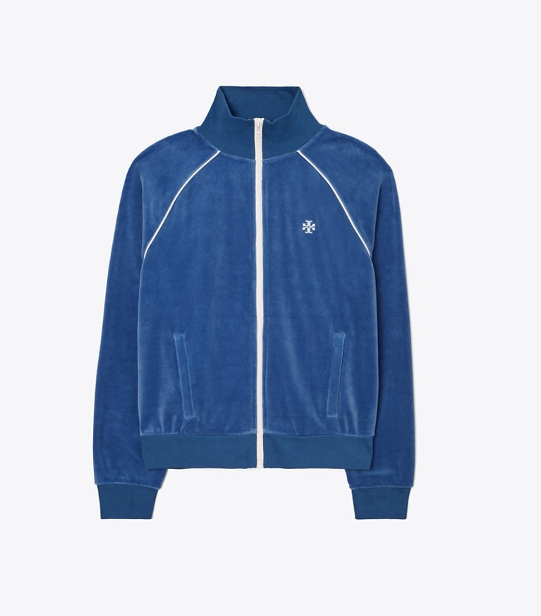 Tory Sport designer jacken Trainingsjacke aus Velours in Blue Wash front