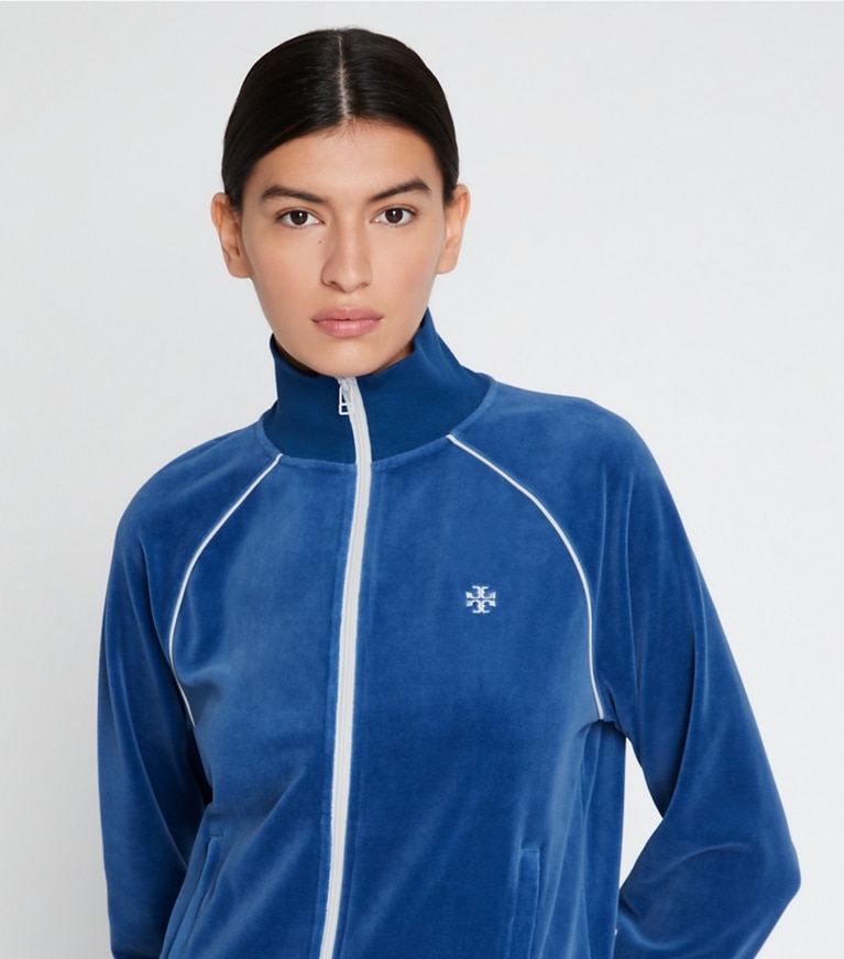 Tory Sport designer jacken Trainingsjacke aus Velours in Blue Wash front