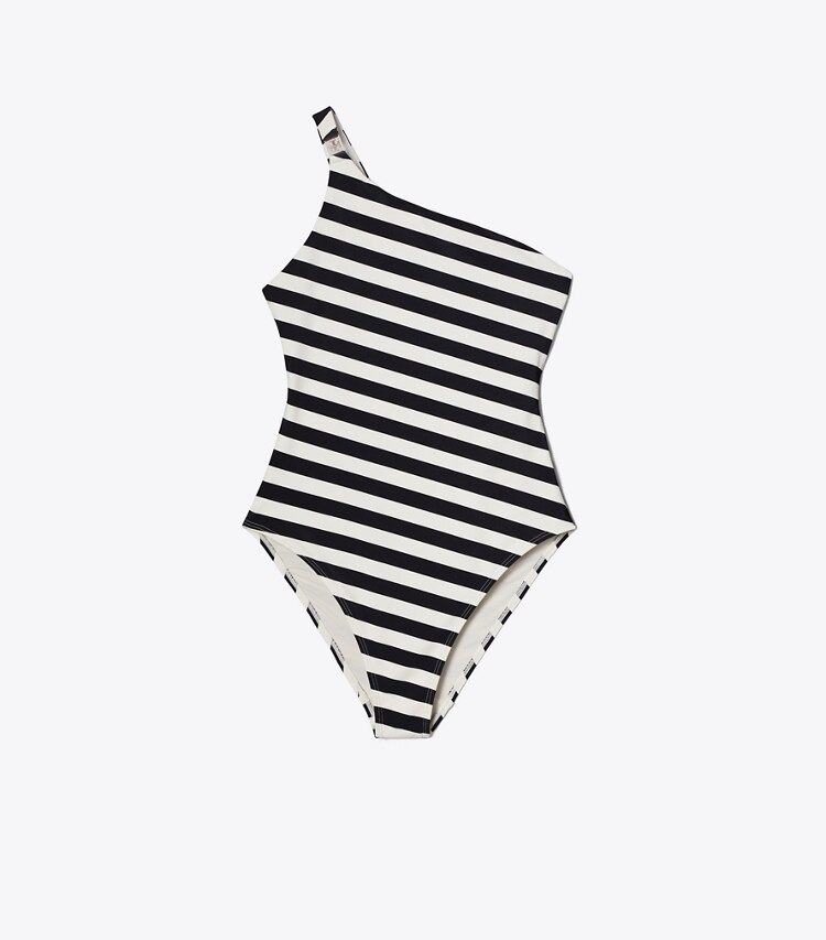 Tory Burch diseñador enterizos Traje de baño a rayas con un solo hombro en Black / Ivory frente