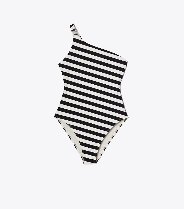 Tory Burch diseñador enterizos Traje de baño a rayas con un solo hombro en Black / Ivory frente