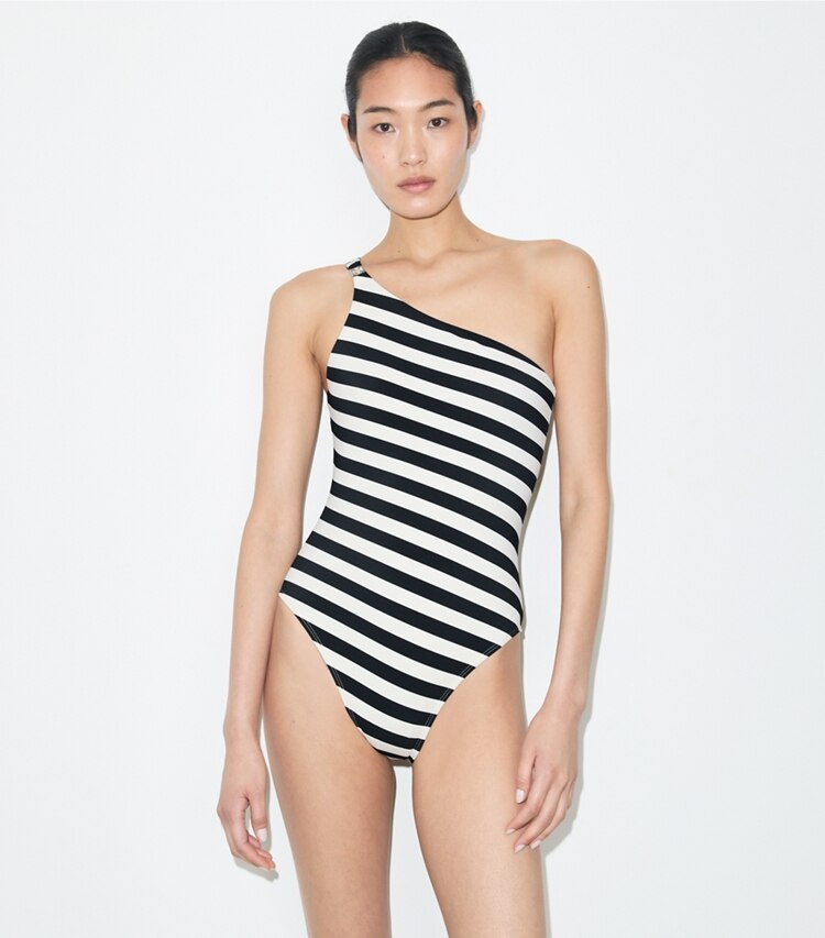 Tory Burch diseñador enterizos Traje de baño a rayas con un solo hombro en Black / Ivory detalle en modelo