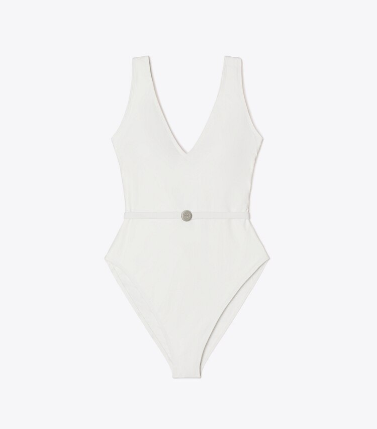 Tory Burch diseñador enterizos Traje de baño con cinturón en White frente