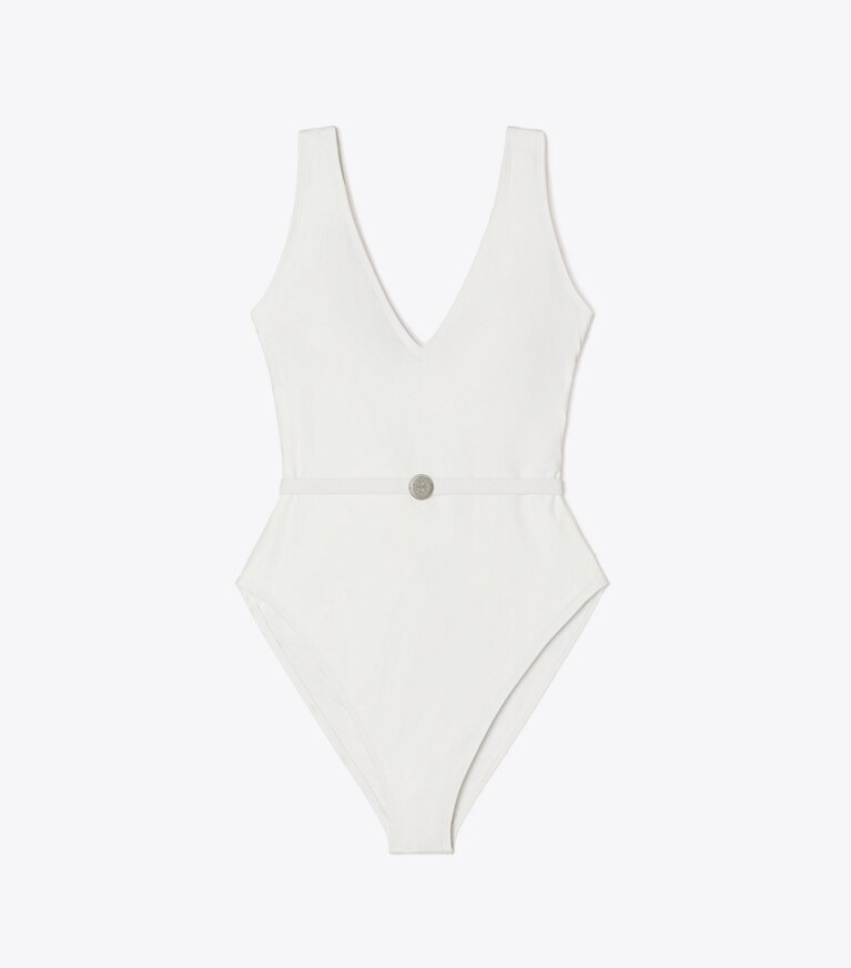 Tory Burch diseñador enterizos Traje de baño con cinturón en White frente