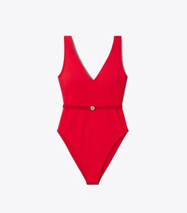 Tory Burch diseñador enterizos Traje de baño con cinturón en Bright Red frente