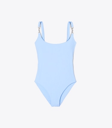 Tory Burch diseñador enterizos Traje de baño con clip en Washed Sky frente