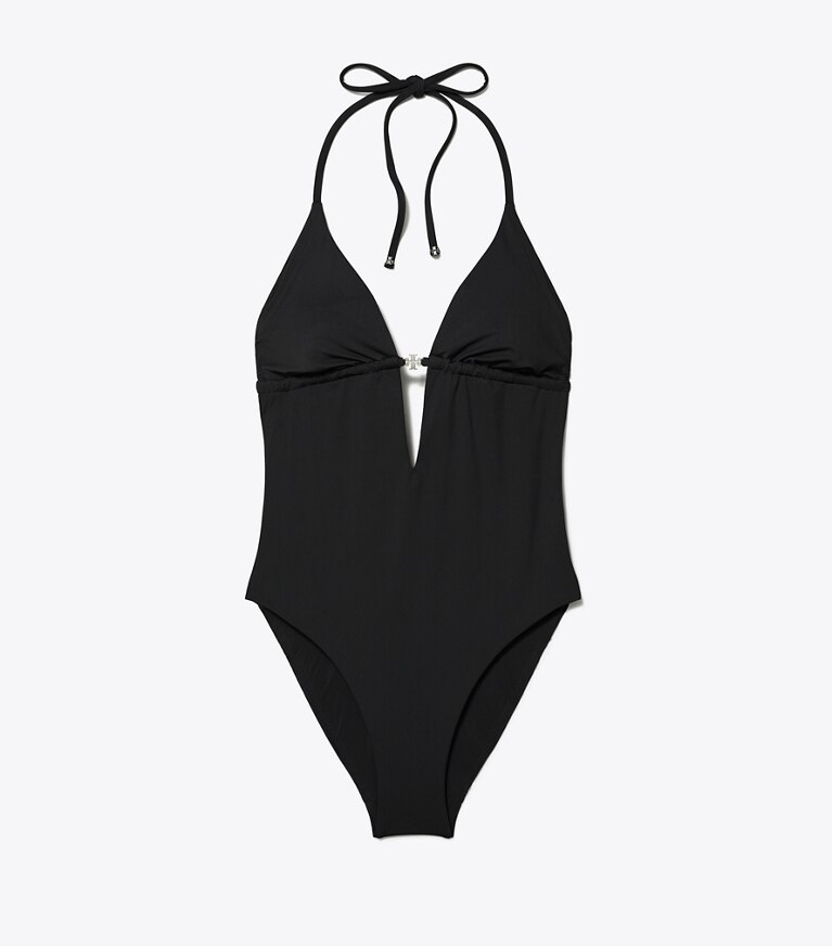 Tory Burch diseñador enterizos Traje de baño con cuello halter en BLACK frente