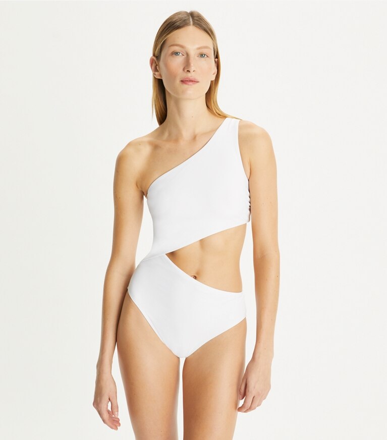 Tory Burch diseñador enterizos Traje de baño con recortes en White detalle en modelo