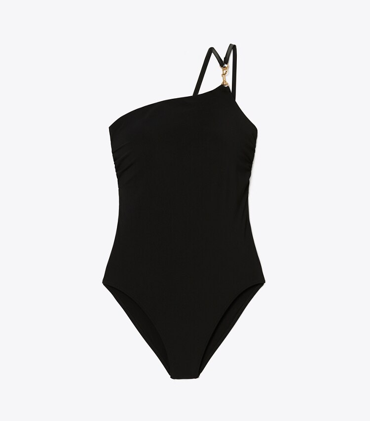 Tory Burch diseñador enterizos Traje de baño de un solo hombro con broche en Black frente
