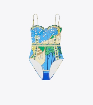 Tory Burch diseñador enterizos Traje de baño estampado en The Pool Blue frente