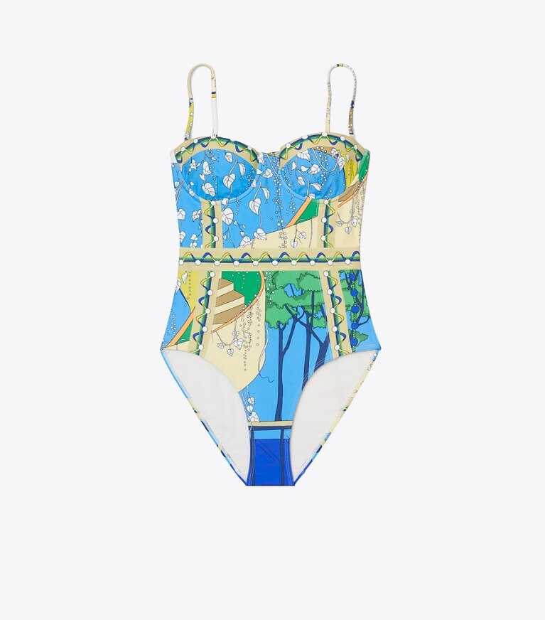 Tory Burch diseñador enterizos Traje de baño estampado en The Pool Blue frente