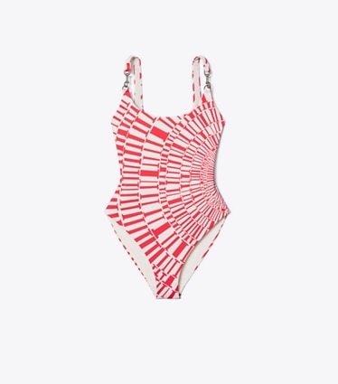 Tory Burch diseñador enterizos Traje de baño estampado sin mangas con broche en Red Circle T frente