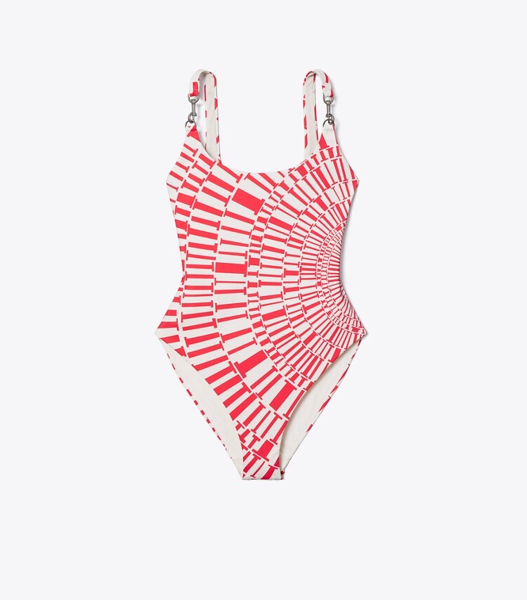Tory Burch diseñador enterizos Traje de baño estampado sin mangas con broche en Red Circle T frente