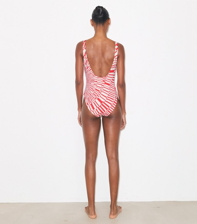 Tory Burch diseñador enterizos Traje de baño estampado sin mangas con broche en Red Circle T parte posterior en modelo