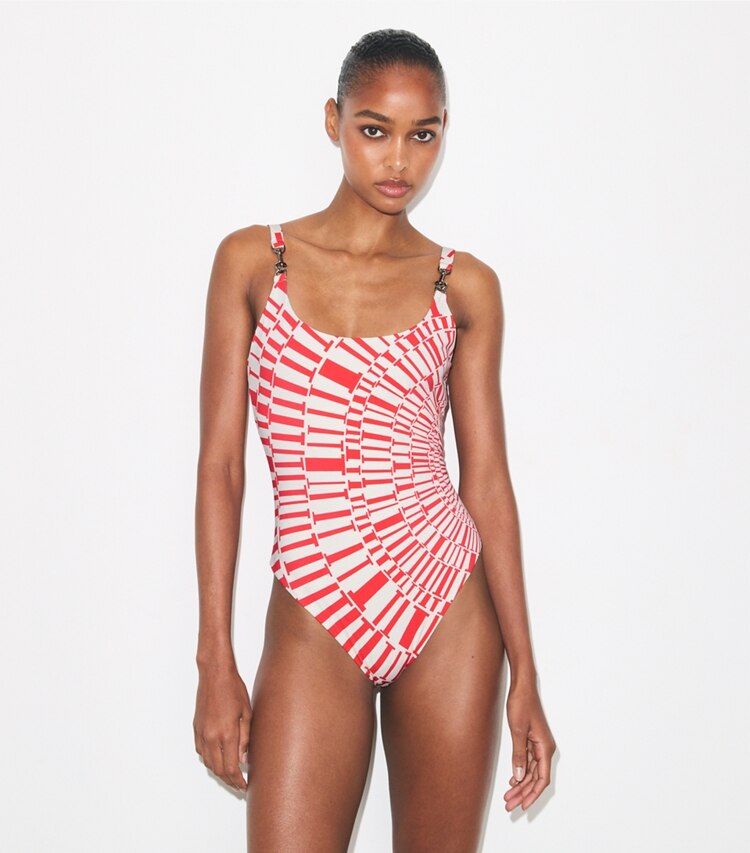 Tory Burch diseñador enterizos Traje de baño estampado sin mangas con broche en Red Circle T detalle en modelo