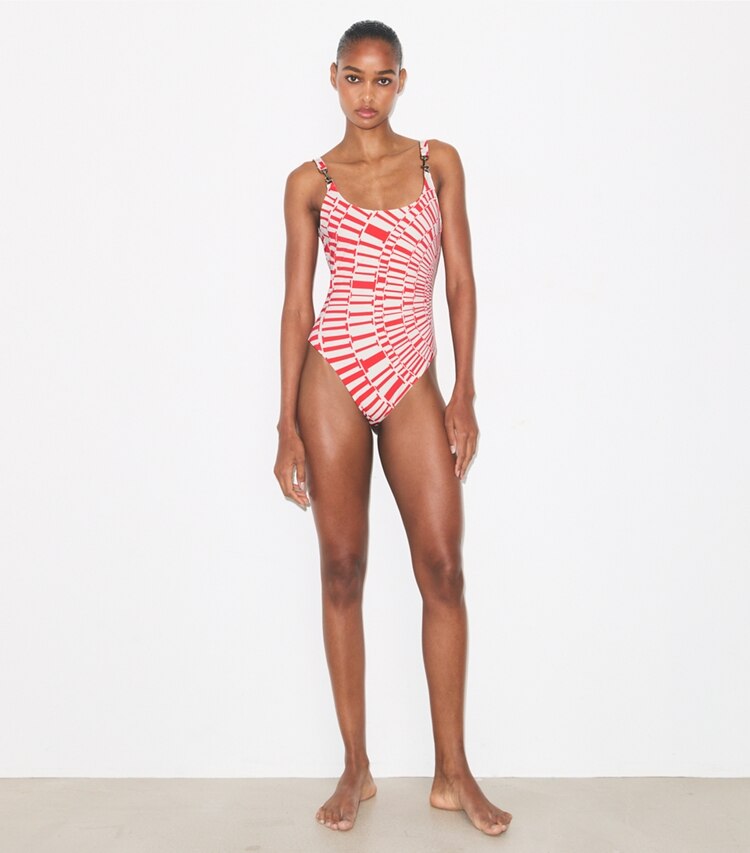 Tory Burch diseñador enterizos Traje de baño estampado sin mangas con broche en Red Circle T frente en modelo