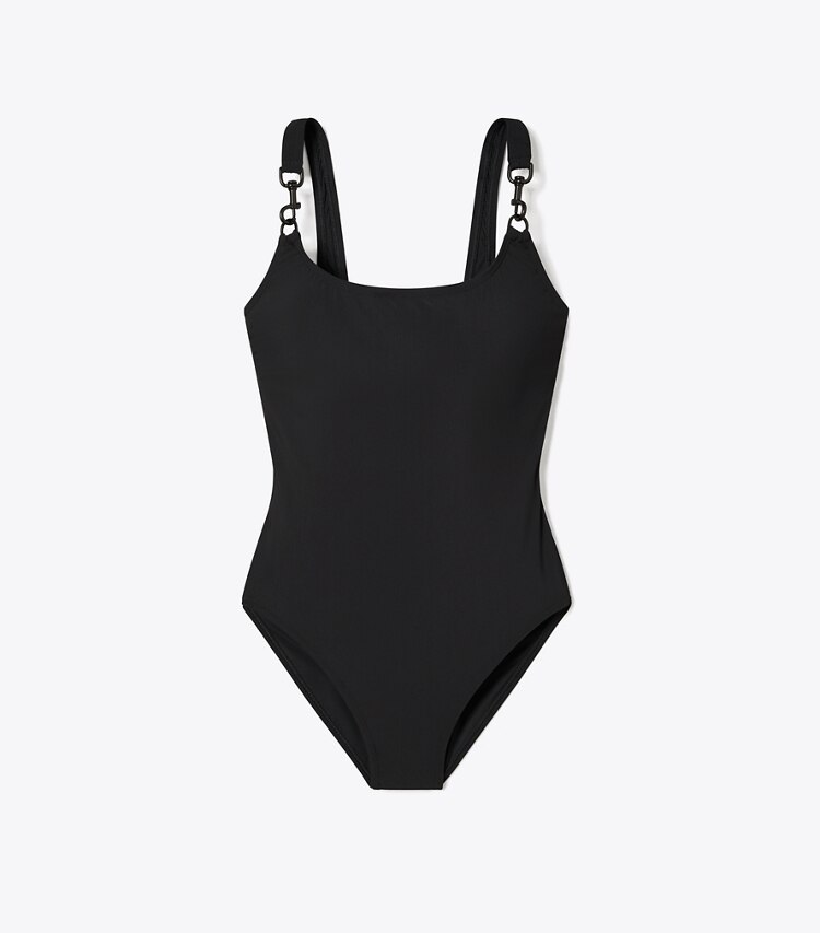 Tory Burch diseñador enterizos Traje de baño sin mangas con broche en Black / Black frente