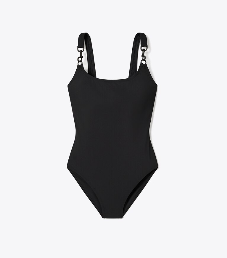 Tory Burch diseñador enterizos Traje de baño sin mangas con broche en Black / Black frente