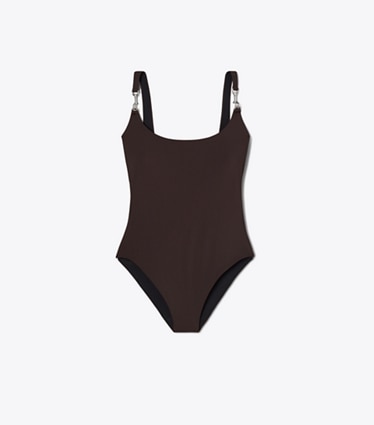 Tory Burch diseñador enterizos Traje de baño sin mangas con broche en Dark Brown frente